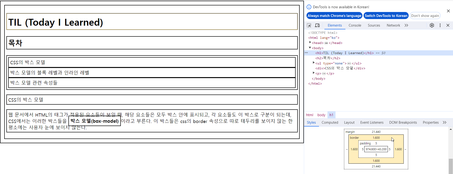 사진 4. 연 노랑색 영역은 박스의 테두리 부분인 border를 가리키고 있다.