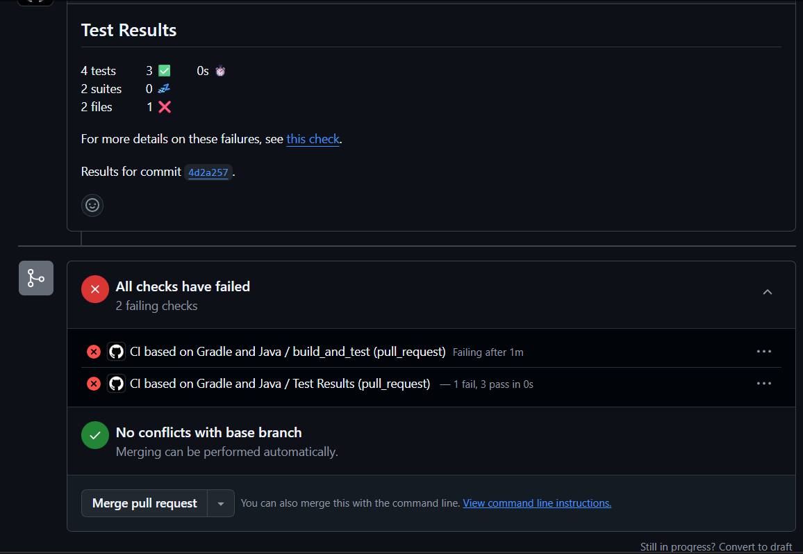 사진 4-2. PR 단계에서 테스트에 실패했음에도 “Merge pull request” 버튼은 여전히 활성화되어 있어 merge가 가능한 상황.