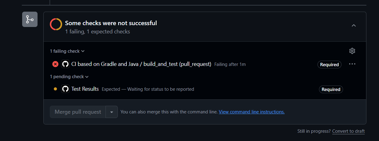 사진 4-9. PR 화면에서 테스트 실패 시의 모습. 역시 “Merge pull request” 버튼이 비활성화되어 있어 merge를 할 수 없게 되었다. 
