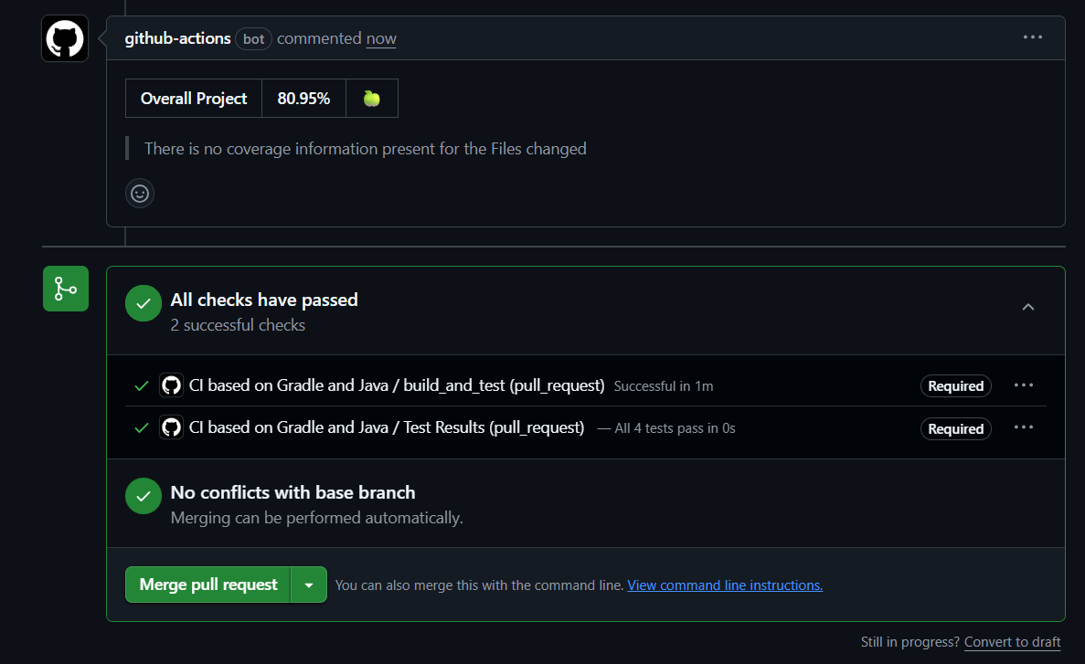 사진 5-1. 해당 코드 커버리지 액션을 최초로 추가한 뒤의 PR 모습. 위에 `github-actions bot` 댓글을 통해 코드 커버리지 결과가 추가된 것을 볼 수 있다. 