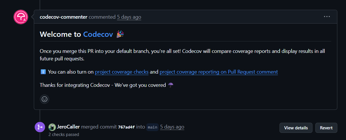 사진 6-12. Codecov를 처음 적용할 떄의 PR 댓글. 다음 PR 때 Codecov의 코드 커버리지 결과가 보인다고 한다. 