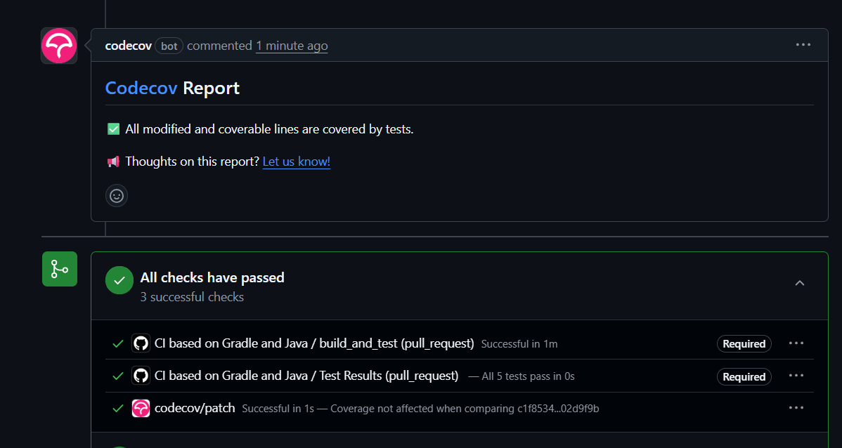 사진 6-13. 소스 코드 변경사항에 대한 코드 커버리지가 모두 되었을 때의 Codecov PR 댓글 모습.