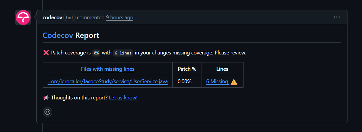 사진 6-14. 새로 작성한 코드에 대한 테스트 코드를 전혀 작성하지 않았을 때의 Codecov PR 댓글 모습