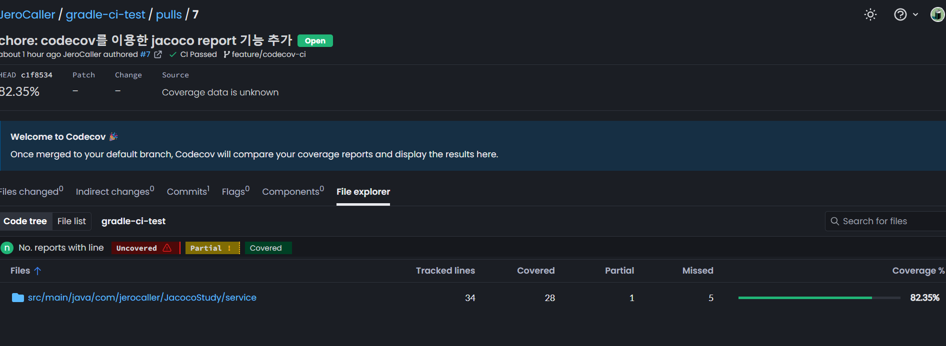 사진 6-15. Codecov 사이트에서 특정 Github repo에서의 코드 커버리지 계측 결과 및 이력을 확인할 수 있다. 자세히 보면 알겠지만 commit별, PR별로도 코드 커버리지 결과를 볼 수 있다. 