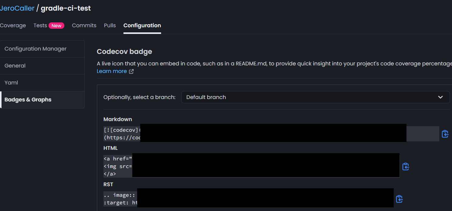 사진 6-16. Codecov에서의 특정 repo에 대한 배지 링크.