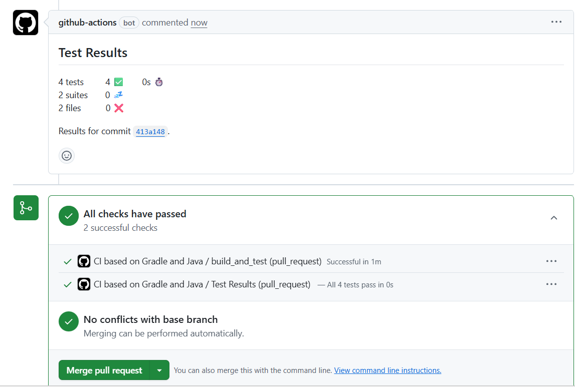 사진 2-2. 자동화된 테스트 성공 후의 모습. PR 화면에서 위와 같이 `github-actions bot` 에 의해 테스트 결과를 보여주는 댓글이 자동으로 달린 것을 볼 수 있다. 