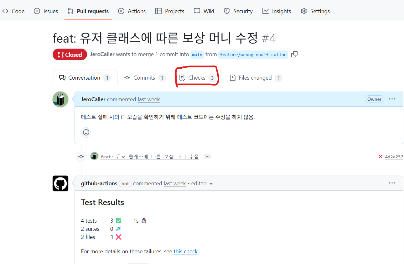 사진 2-4. 테스트 실패 시의 PR 화면. 사진 아래에는 `github-actions bot` 이 작성한 테스트 결과 보고서가 있는데, 여기서 4개의 테스트 중 3개만 통과했다는 것을 볼 수 있다. 한 편, `Checks` 탭 클릭 시 구체적으로 어떤 테스트가 실패했는지를 볼 수 있다. 