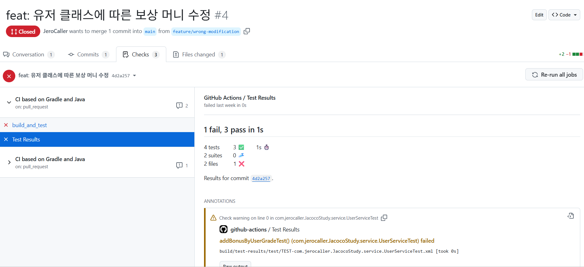사진 2-5. 앞선 사진 2-4에서 “Checks” 탭을 클릭하여 이동된 모습. 위 사진에서는 아래에 정확히 어떤 테스트에서 실패했는지를 “annotations”라는 형태로 보여주고 있다. 이를 클릭하면 실패한 테스트의 코드까지 보여준다. 