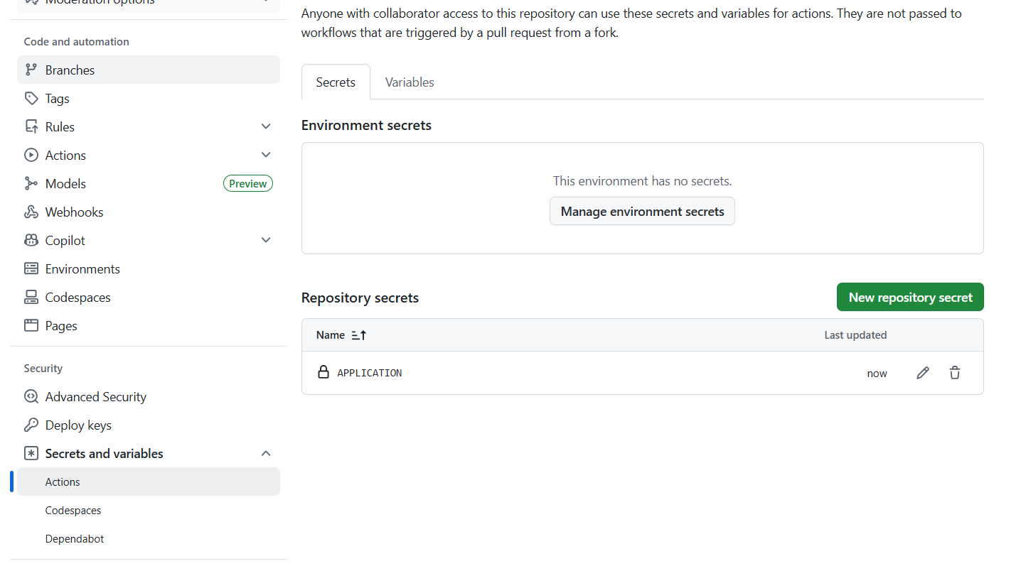 사진 1-3. `application.yml` 에 해당하는 내용을 넣은 secret 하나를 생성한 후의 목록 모습.