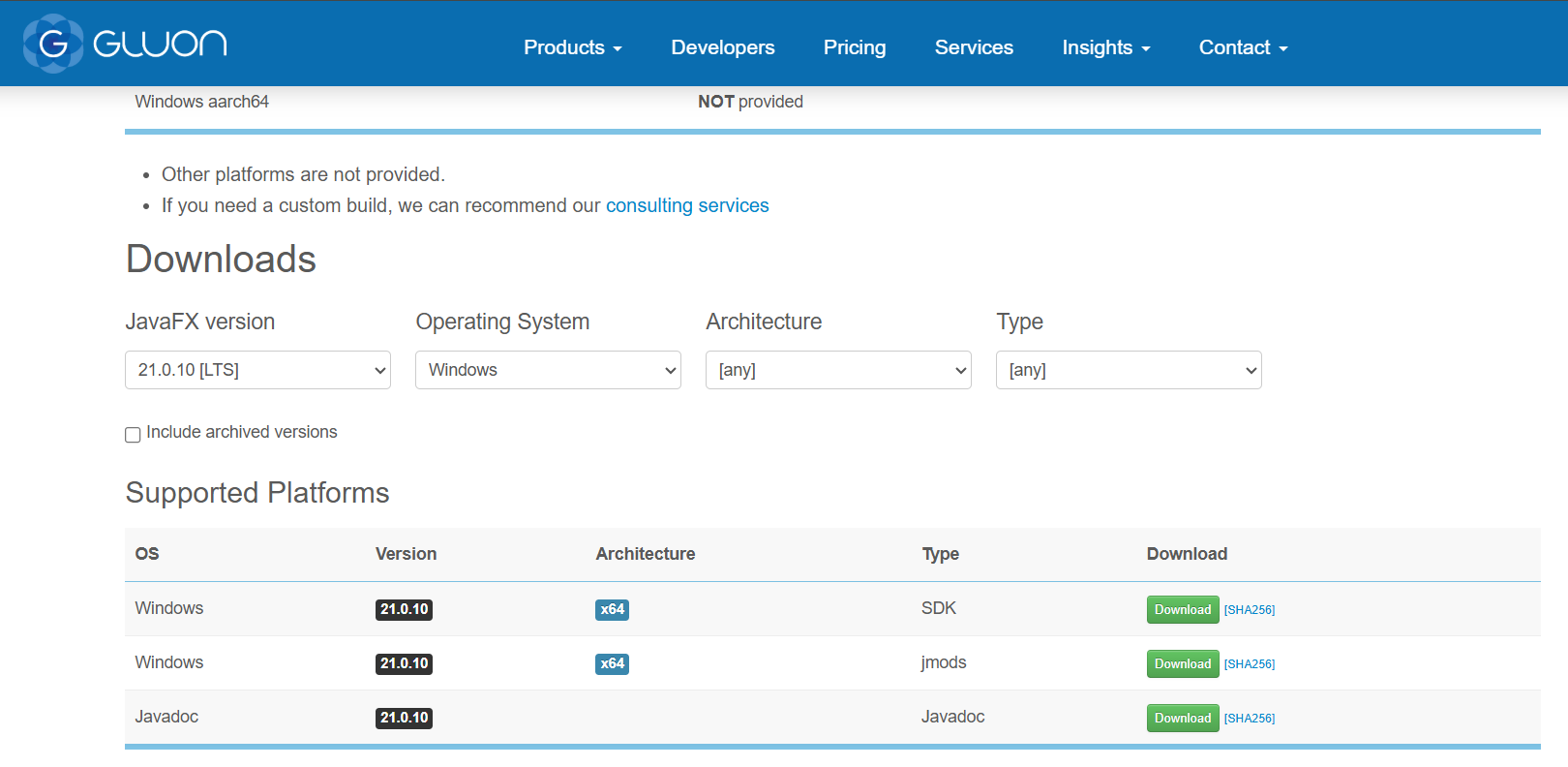 사진 6-1. JavaFX zip 파일 다운로드 받는 곳.