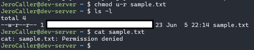 사진 2-5. `sample.txt` 파일 접근 권한 변경 후의 모습. 