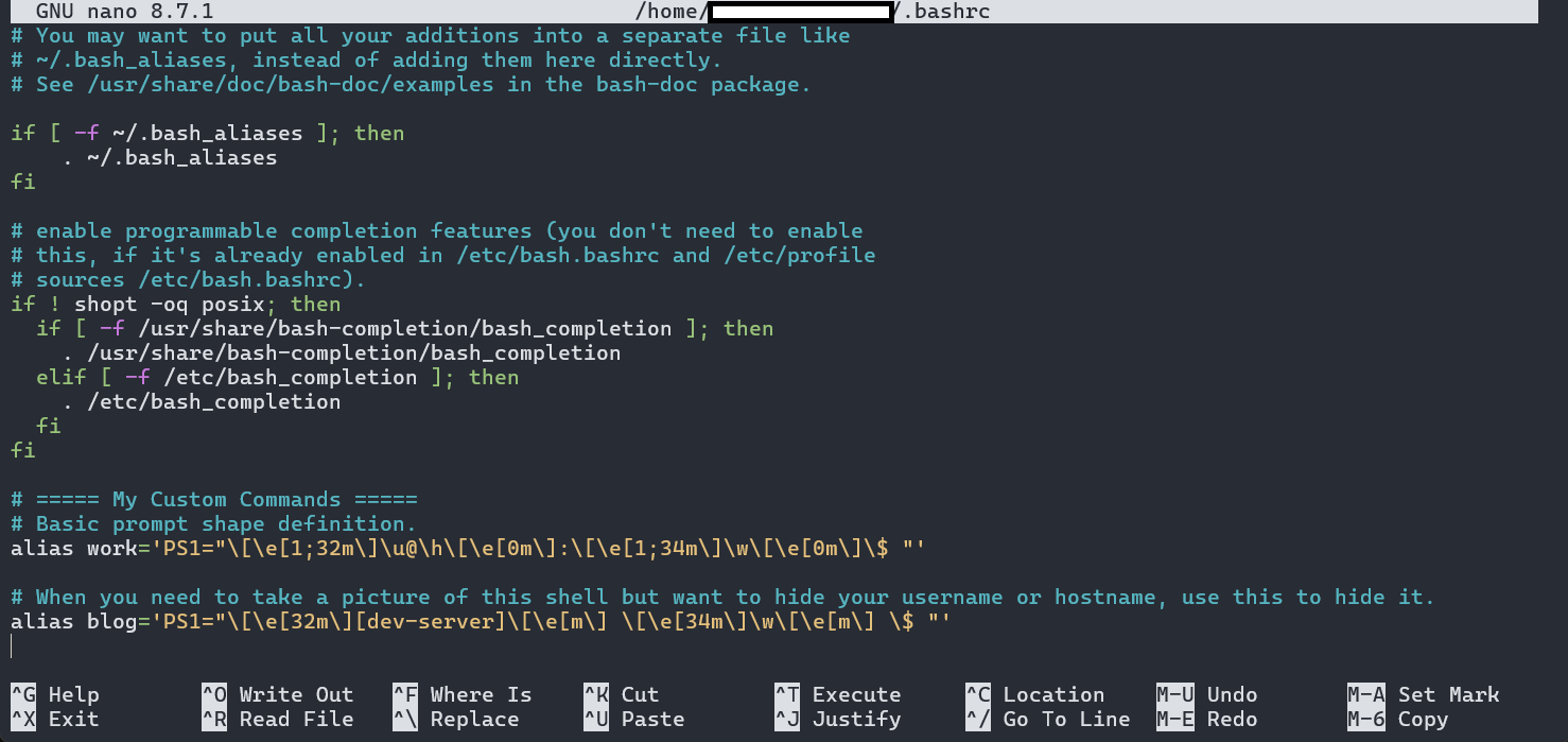 linux shell nano bashrc 첫 모습.png