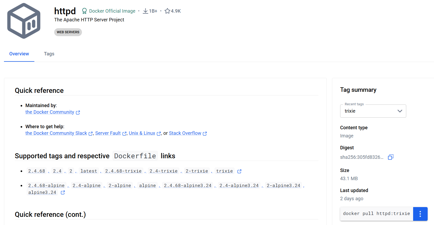 사진 3-2. DockerHub에서 httpd를 검색한 결과. 여기서 httpd의 사용법, 버전, 그 외 정보들을 확인할 수 있다. 