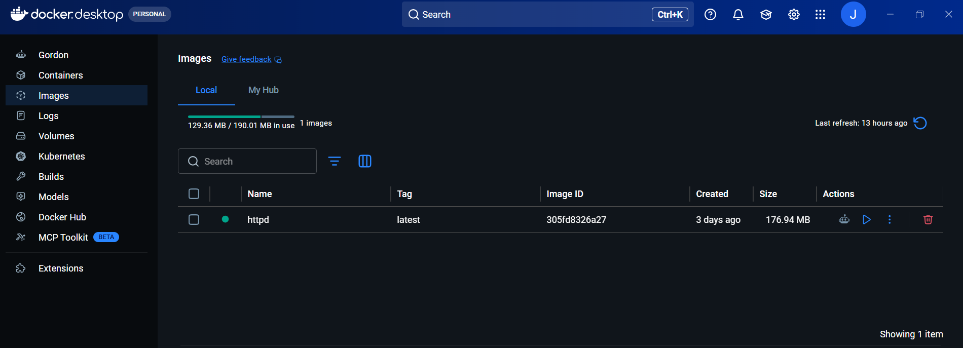 사진 3-3. Docker Desktop에서 현재 이미지 목록을 확인. 