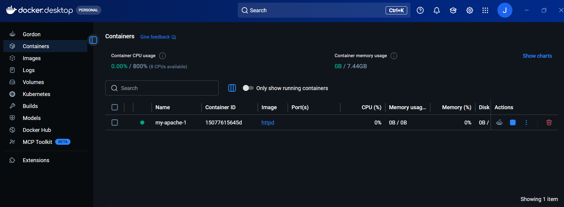 사진 3-4. Docker Desktop에서 현재 컨테이너 목록 및 상태를 확인할 수 있다. 아예 컨테이너가 없는 경우 화면에 아무것도 뜨지 않는다. 