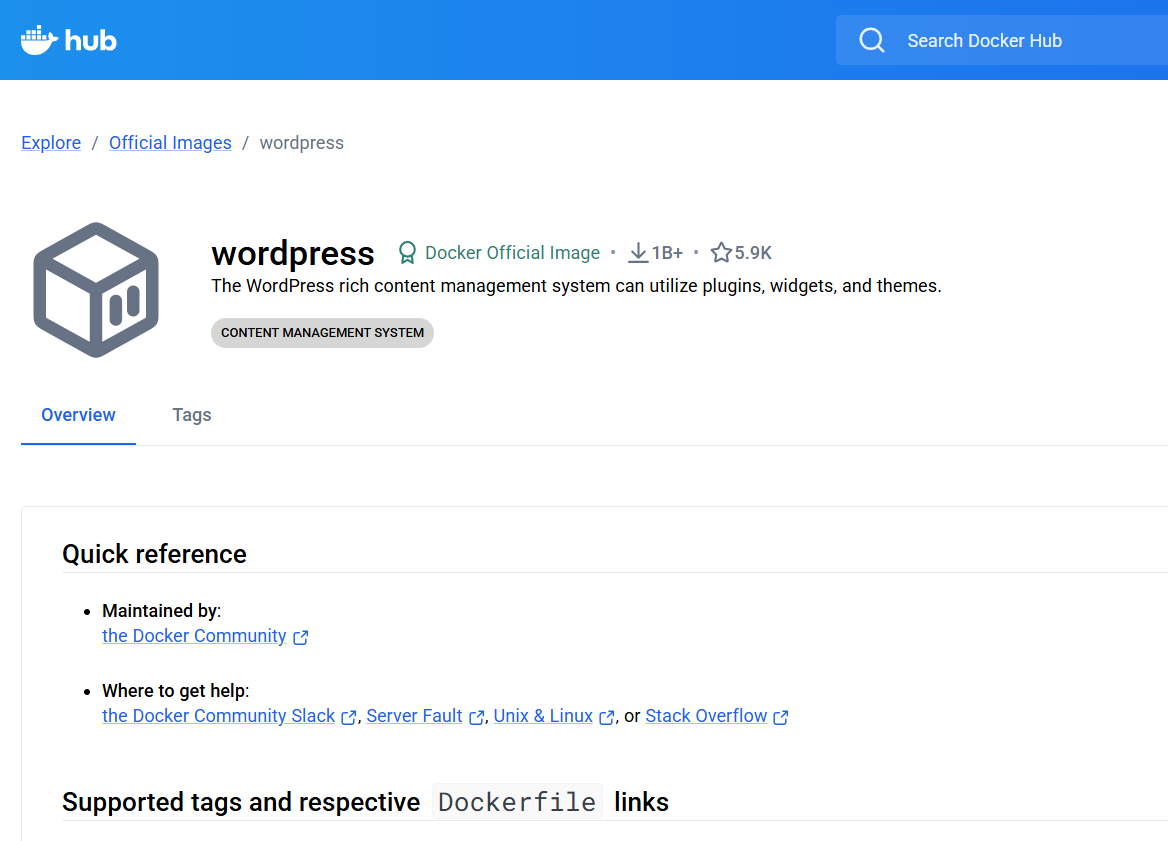 사진 1-1. Docker Hub에 있는 wordpress image.
