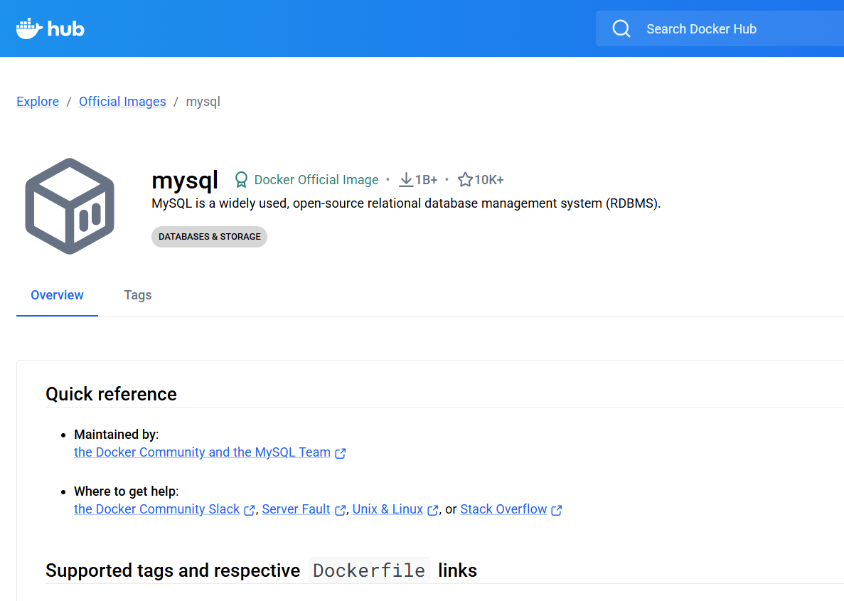 사진 1-2. Docker Hub에 있는 mysql image.