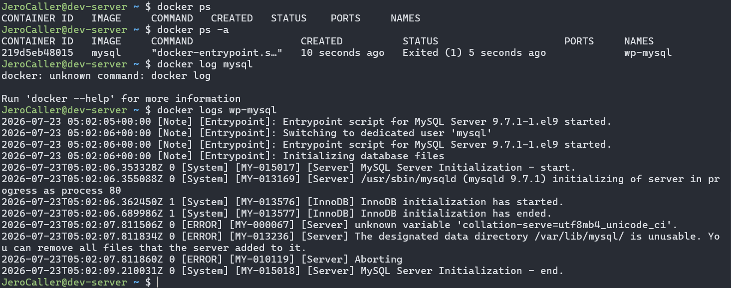 사진 1-3. MySQL 컨테이너의 로그를 확인.